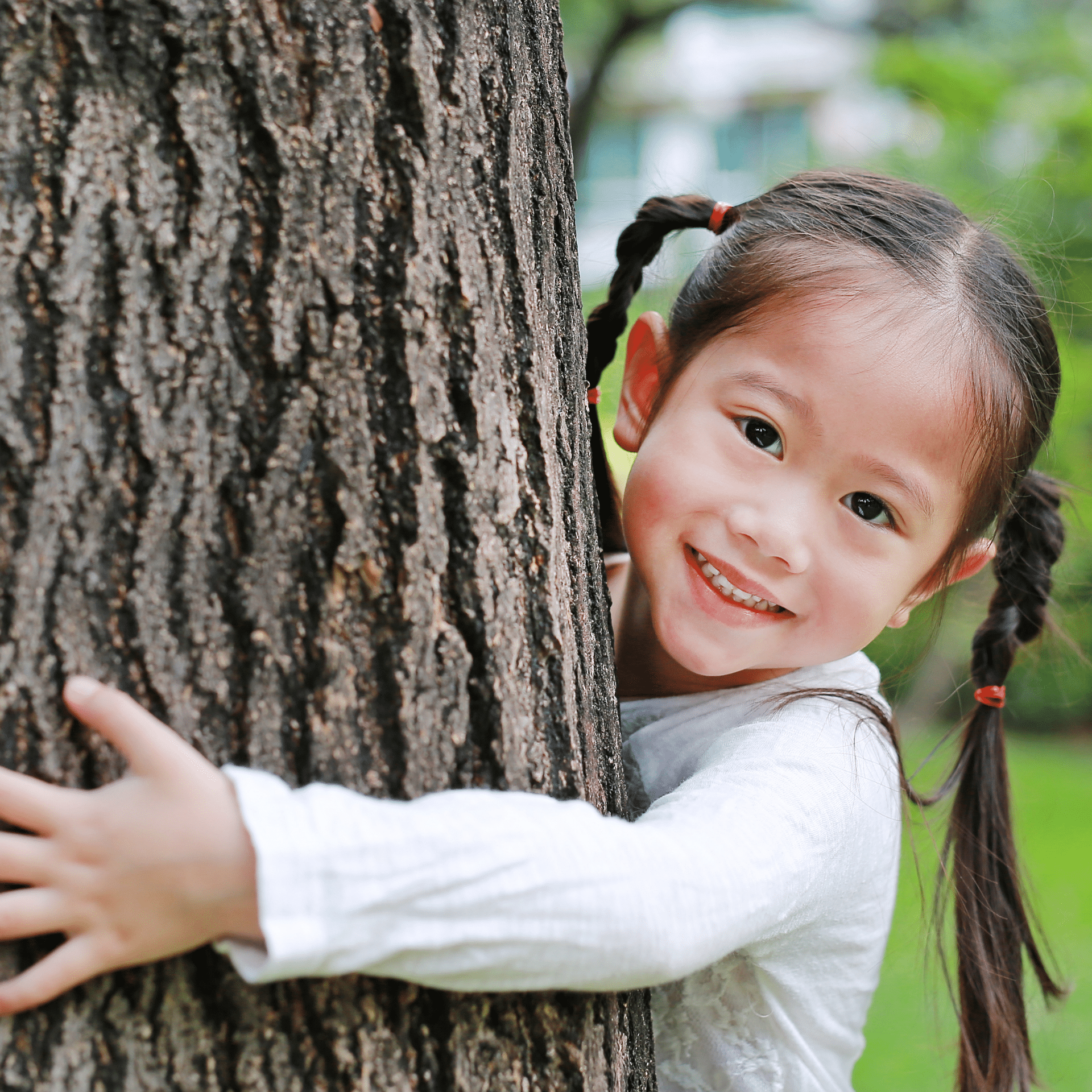 little girl hugging a tree